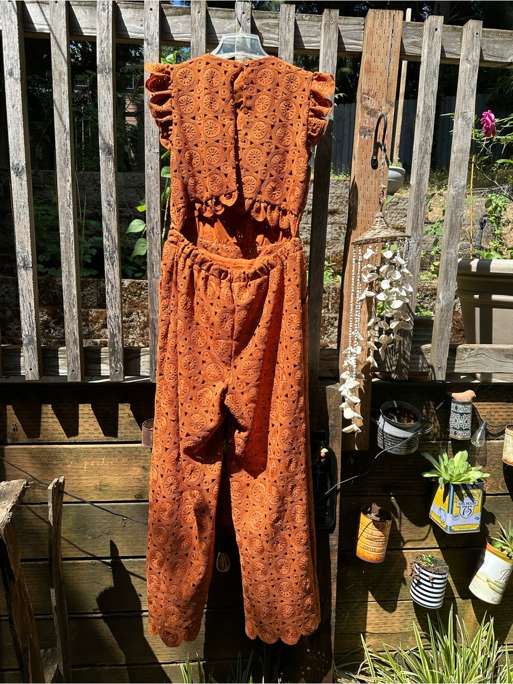 Skies Are Blue Rust Orange Eyelet Lace Wide-Leg Jumpsuit - Picture 2 of 4